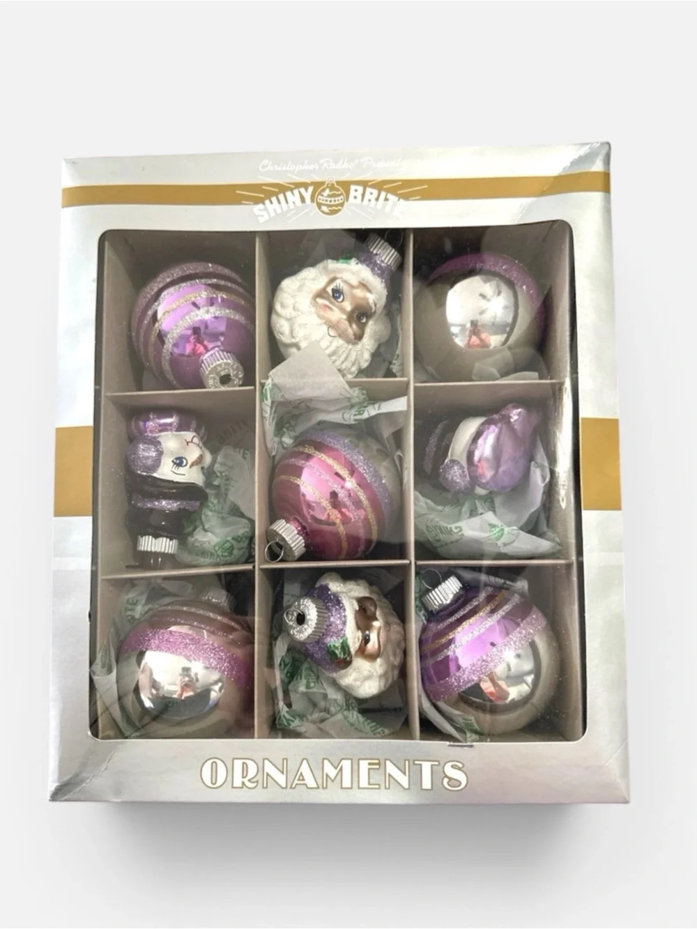 NEW RADKO Shiny Brite Purple & Silver Christmas Ornaments - 9pc Set